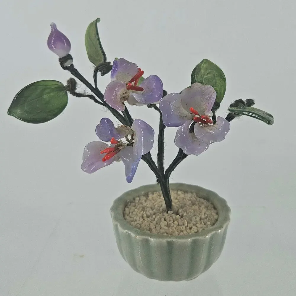 Vintage Jade Glass Bonsai Tree purple Flower Quartz Celadon Pot small 5